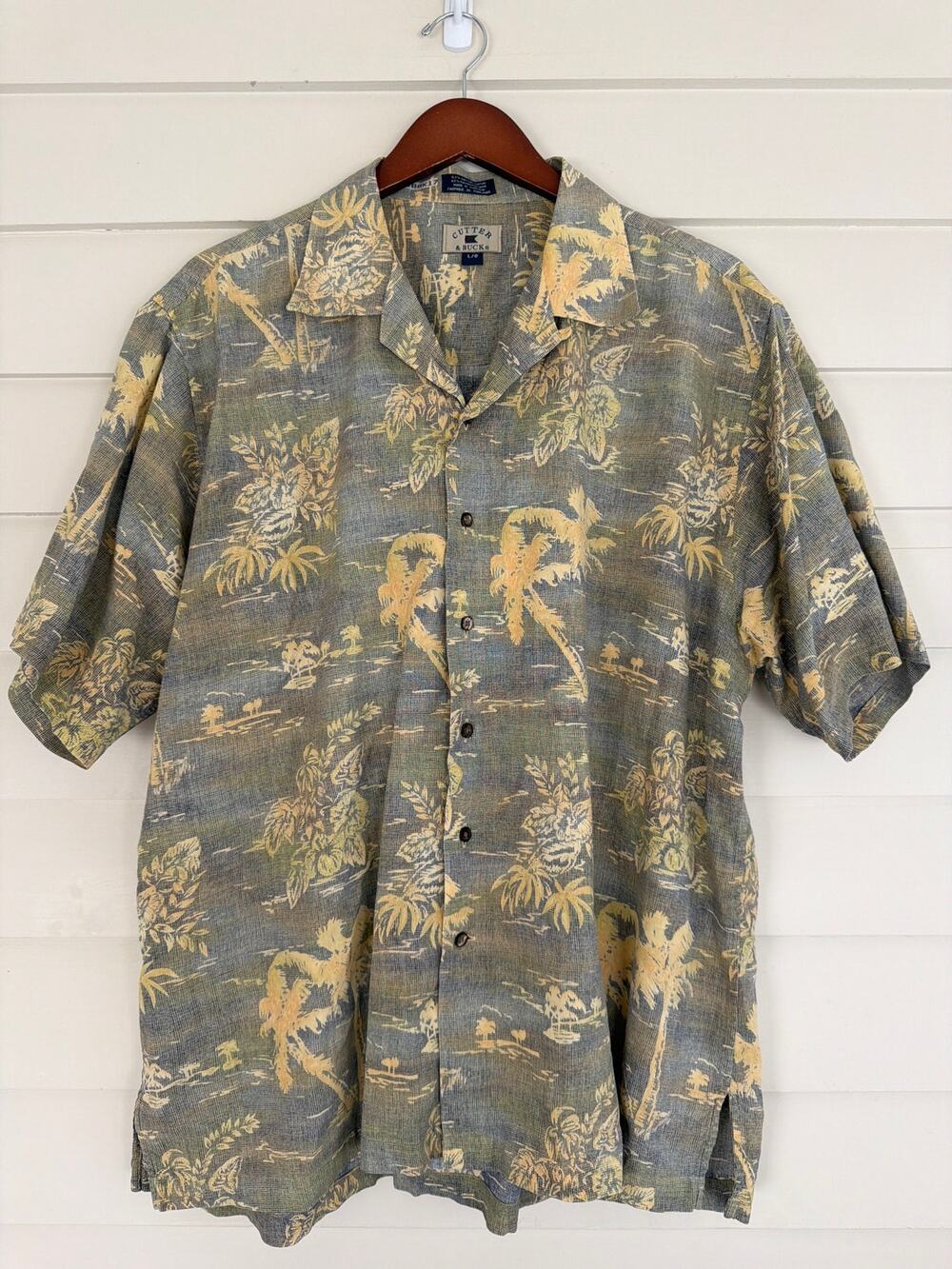 Vintage Cutter & Buck Hawaiian Shirt Mens L Palm Tree Tropical Aloha Resort Tiki